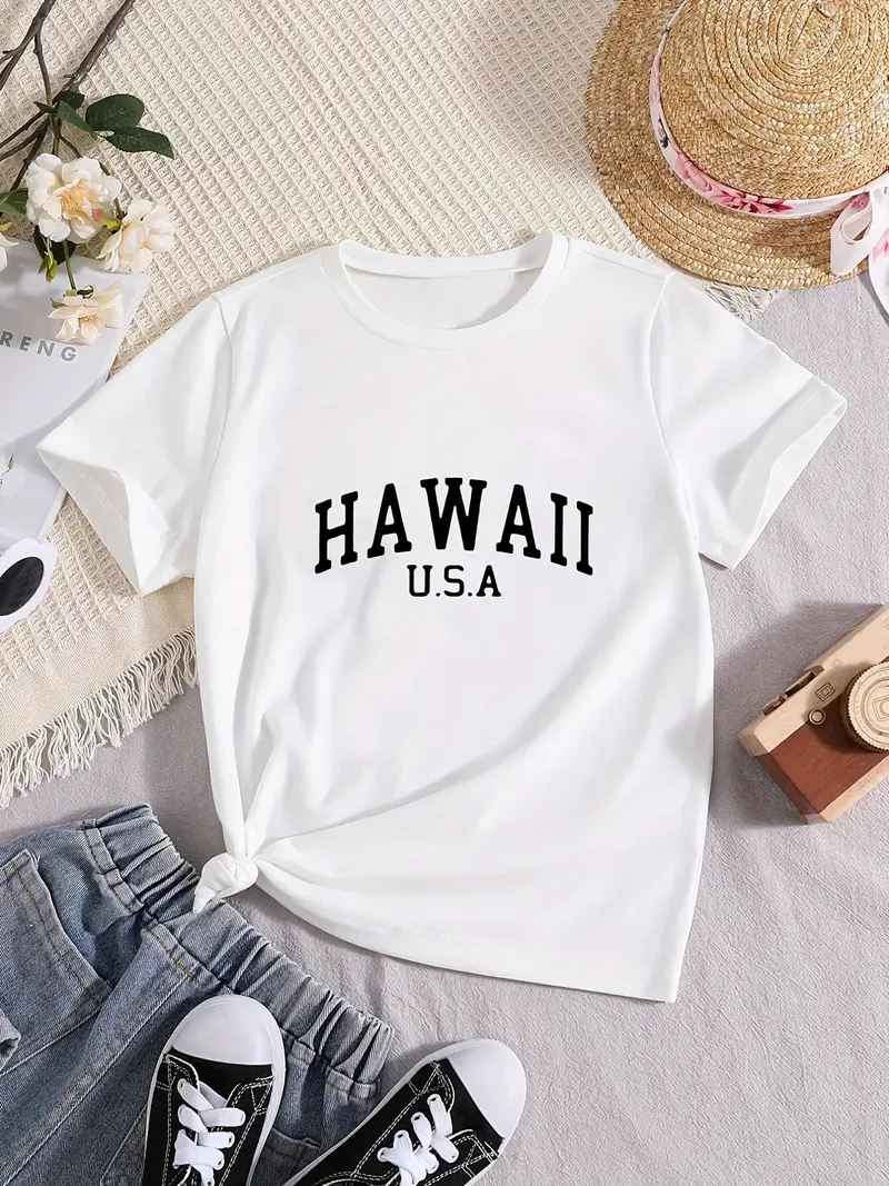 hawaii'' Print Casual T shirt Girls Comfy Fit Short Sleeve - Temu