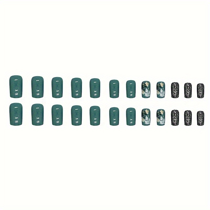 24pcs glossy medium square fake nails fresh green press on nails with leaves and golden foil design sparkling full cover false nails for women girls details 3