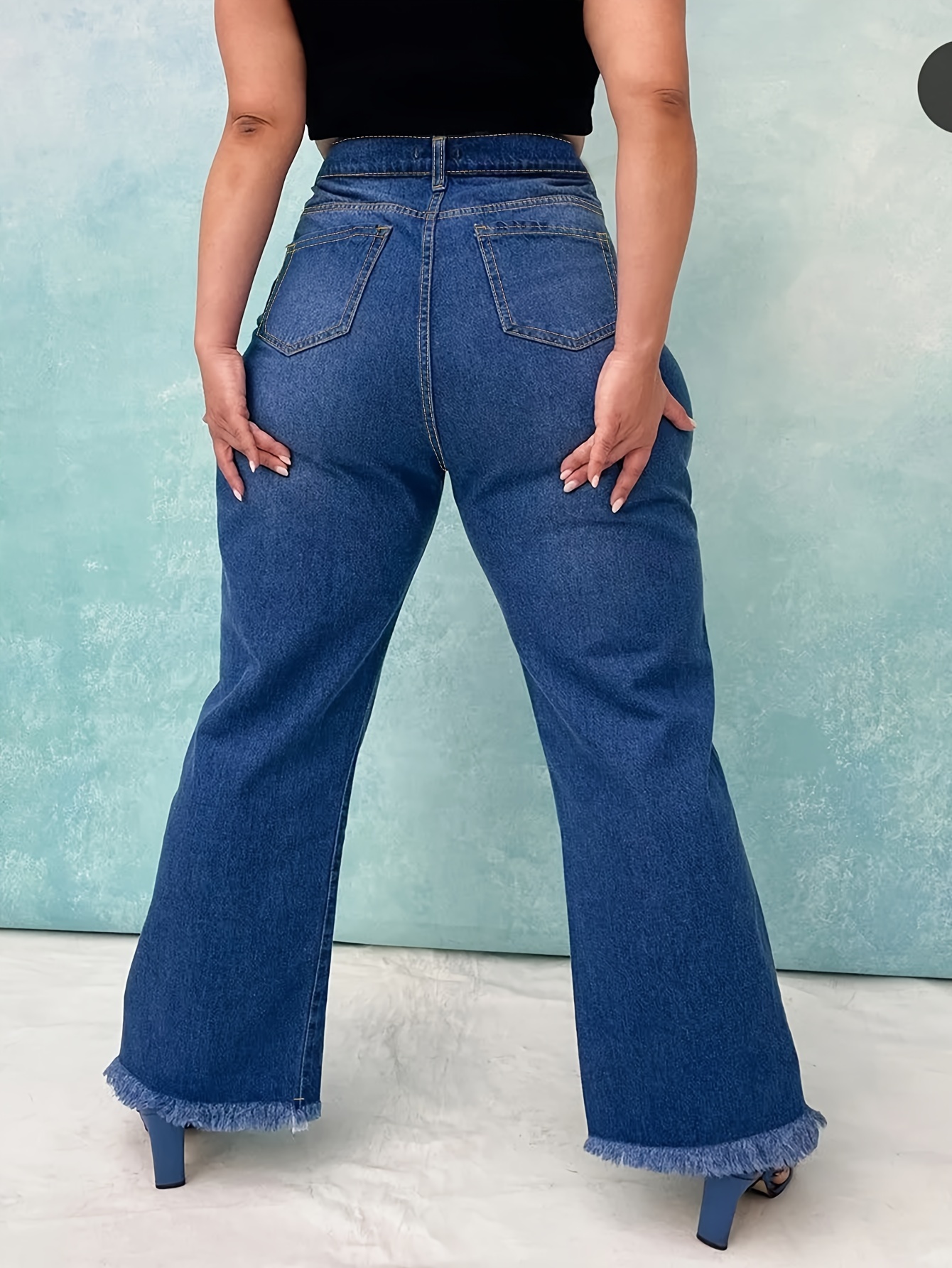 Plus Size Ripped High Rise Wide Leg Denim Pants, Women's Plus Y2K Style  Casual Wide Leg Jeans