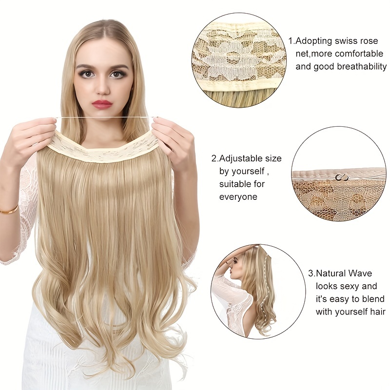 Clip in Halo Hair Extensions: Invisible Wire Hair Extension with Adjustable  Size Transparent Headband 4 Secure Clips 20 Inch Long Curly Wavy Light