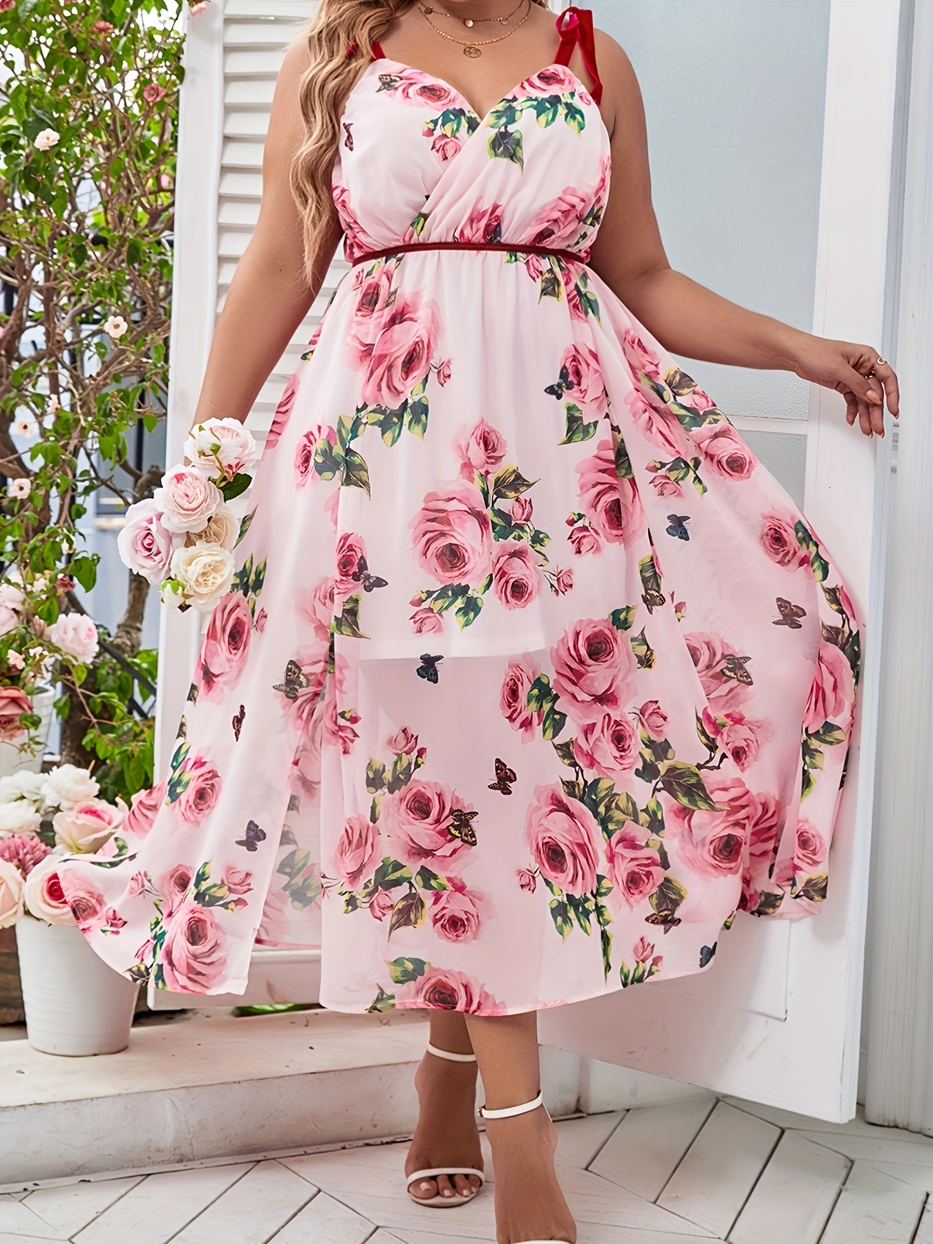 Plus Size Rose Print Knot Strap Maxi Dress Women's Plus - Temu