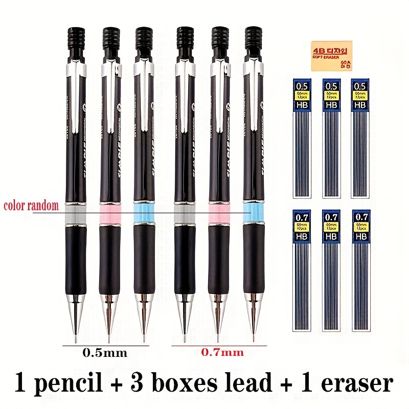 

5pcs/set Press-action Automatic Pencils 0.5/0.7 Mm Sketch Painting Writing Press-action Pencils Low Center Of Gravity Design With Eraser