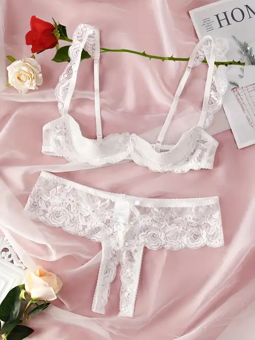 Sexy Floral Lace Lingerie Set Open Bust Bra Crotchless - Temu