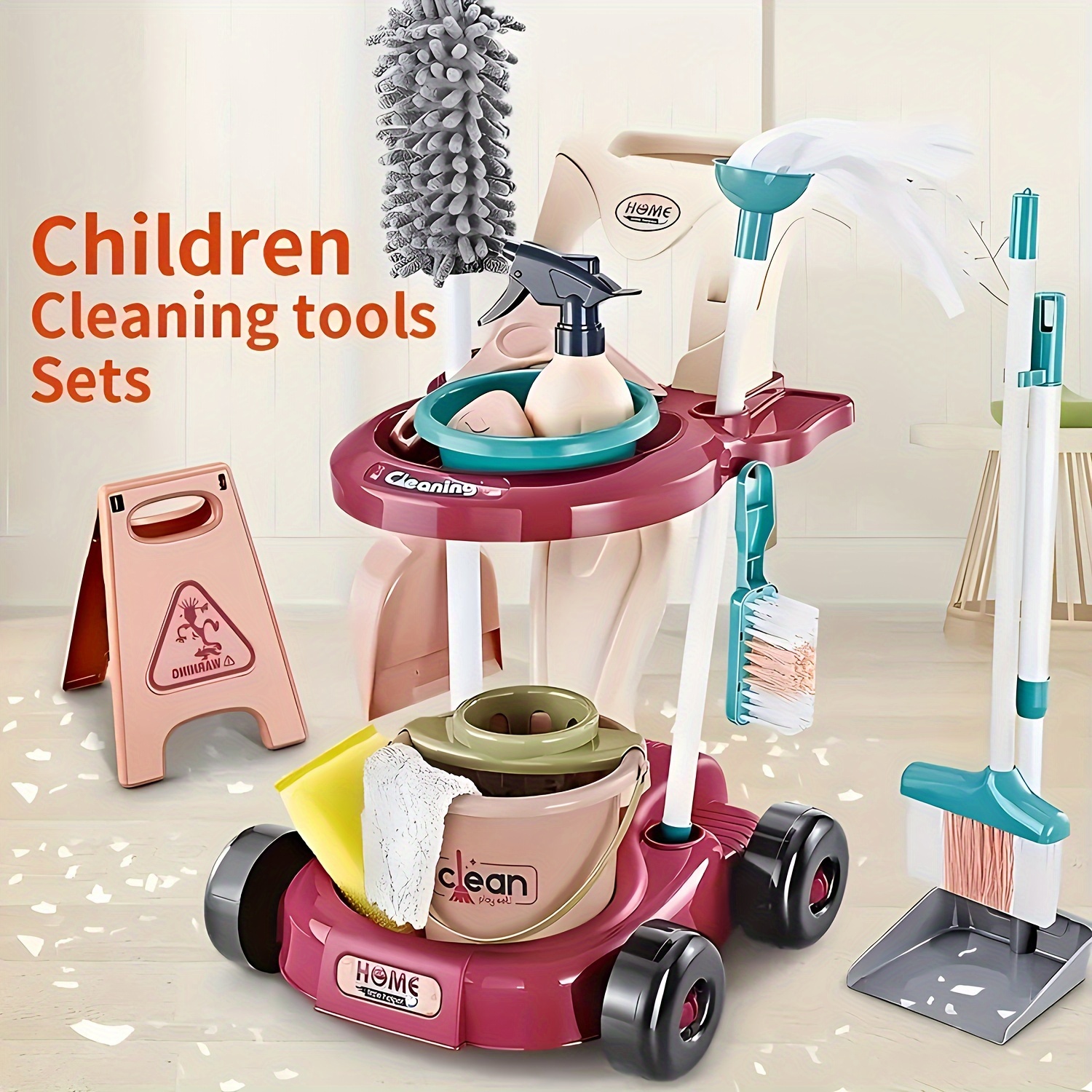 Wooden Kids Cleaning Set Detachable Kids Cleaning Toys 6 Piece - Hanging  Stand Play Kitchen Cleaning Tools for Kid Gift