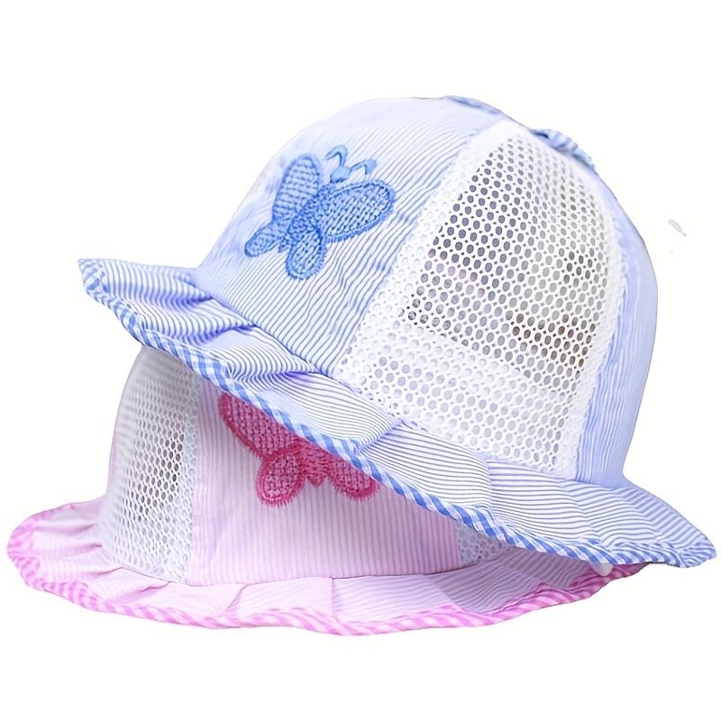 

Baby Cute Butterfly Embroidery Plaid Trim Bucket Hat Mesh Breathable Fisherman Hat Wide Brim Beach Basin Hat Sunscreen Cap Outdoor Spring Summer For Boys And Girls