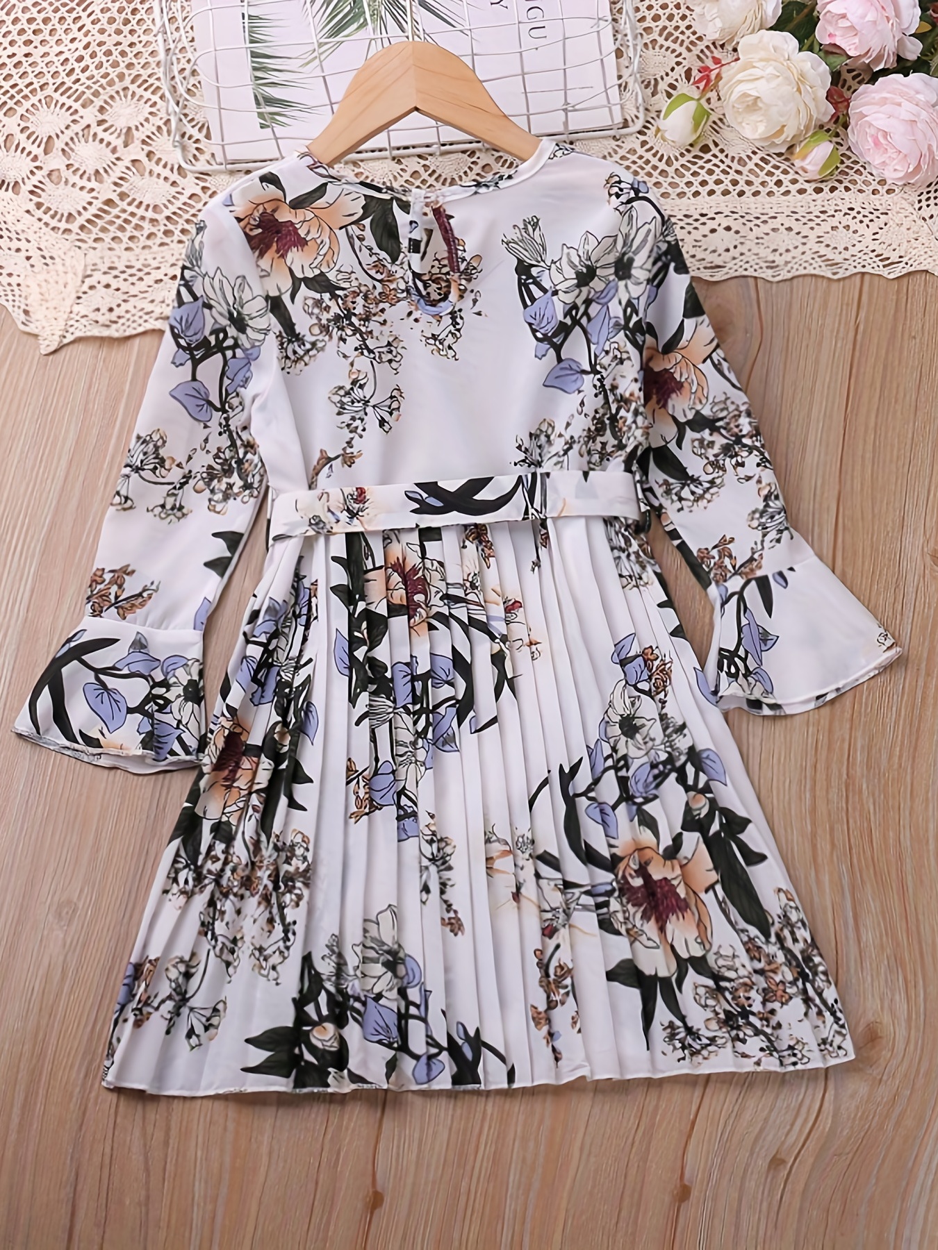 little girls boho floral flare long sleeve casual pleated dress for party going out kids spring fall clothes details 1
