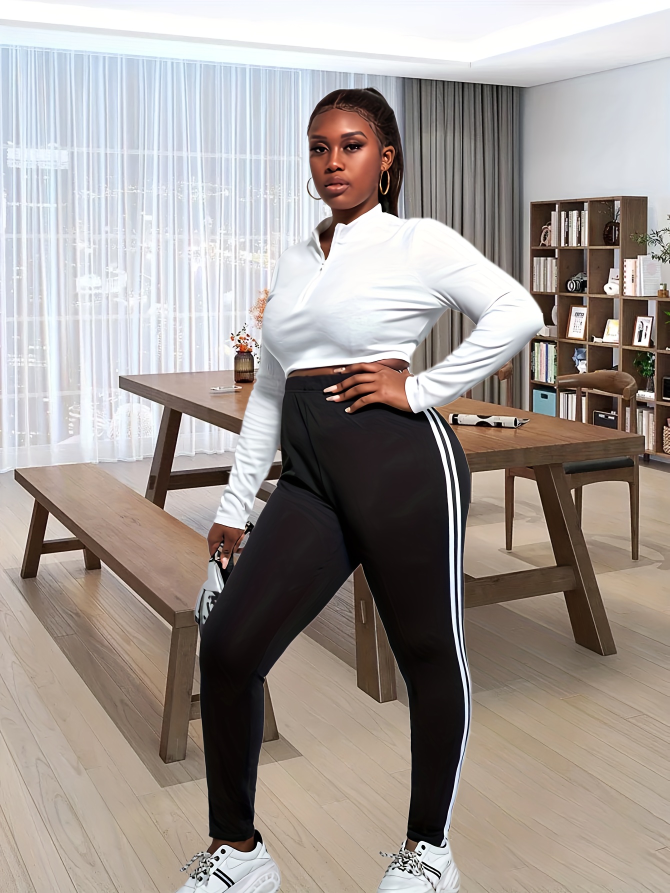 White Stripe Accent High Waisted Plus Size Leggings - Thick