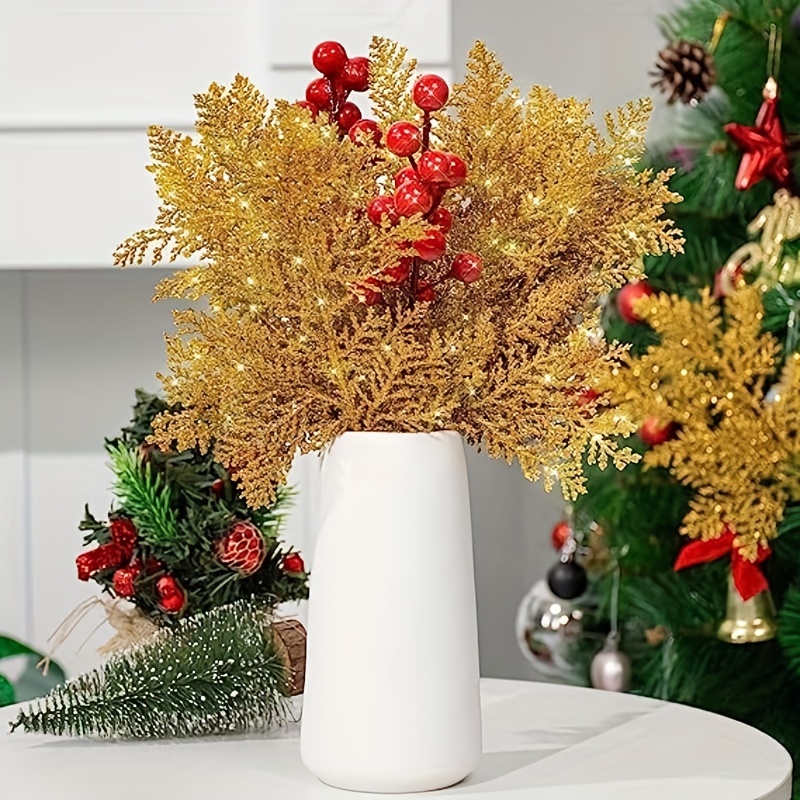 Artificial Christmas Leaves Picks Gold Glitter Pine Needles - Temu