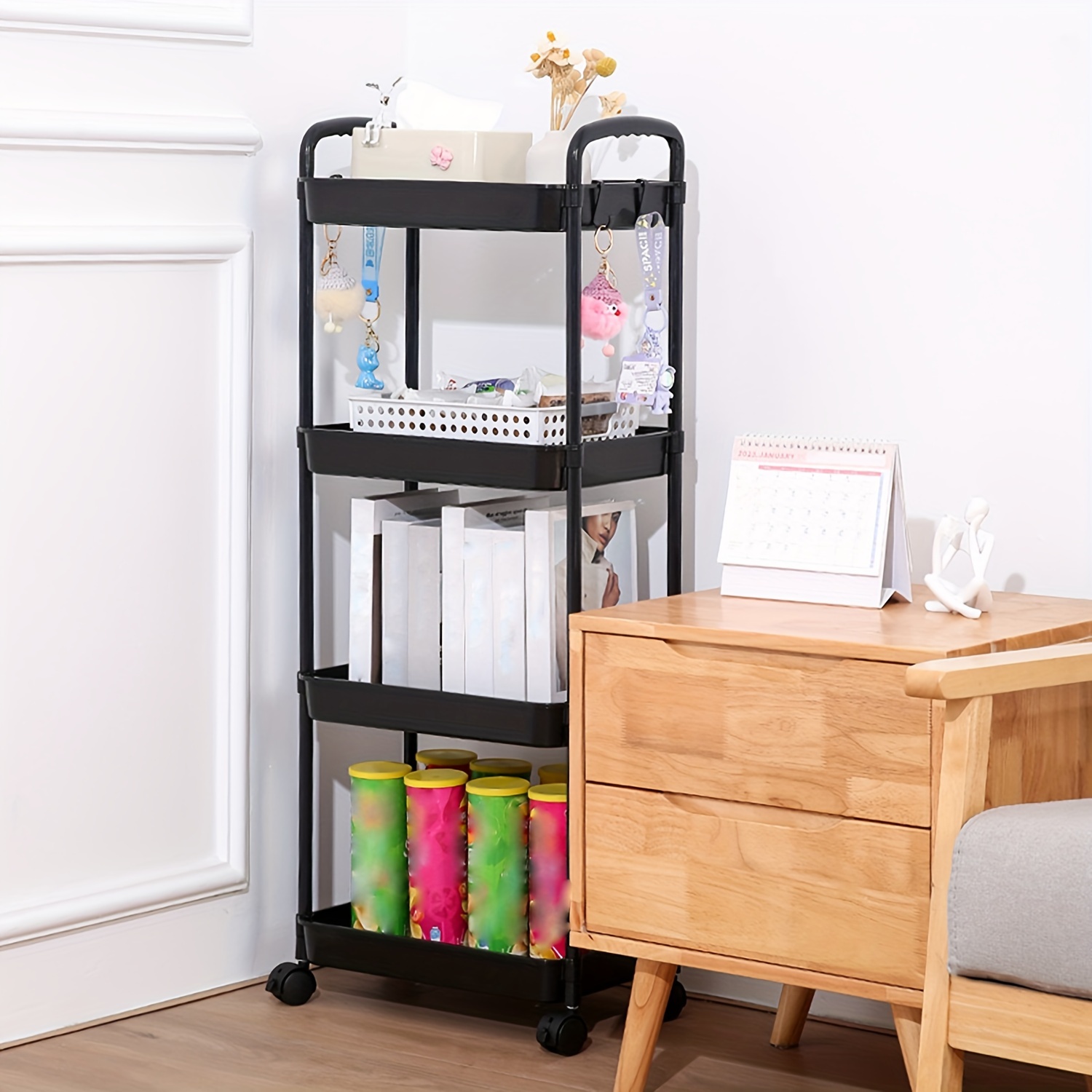 1pc 4 layer trolley storage rack with pulley kitchen bathroom shelf floor multi layer removable storage rack bedroom snack storage rack details 0