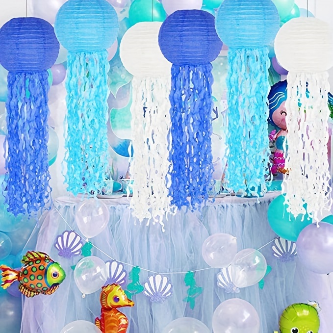 6pcs, Jelly Fish Paper Lanterns * Green Blue Hanging Lantern, Mermaid  Unicorn Theme Party Supplies, Sea Ocean Birthday Party Decorations, Home Dec