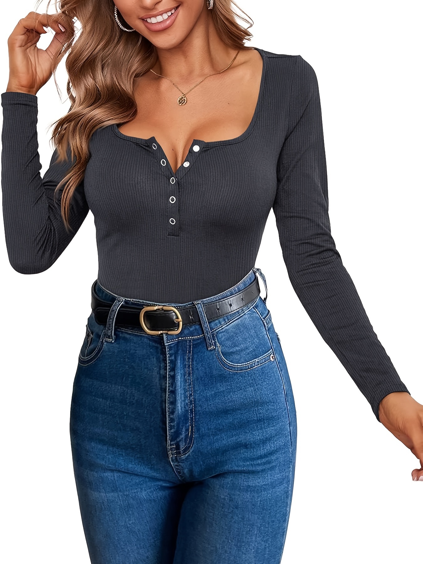Women Long Sleeve Tops Scoop Neck Low Cut Slim Fitted Henley Shirt Sexy  Basic Tee Shirts Tops at  Women's Clothing store
