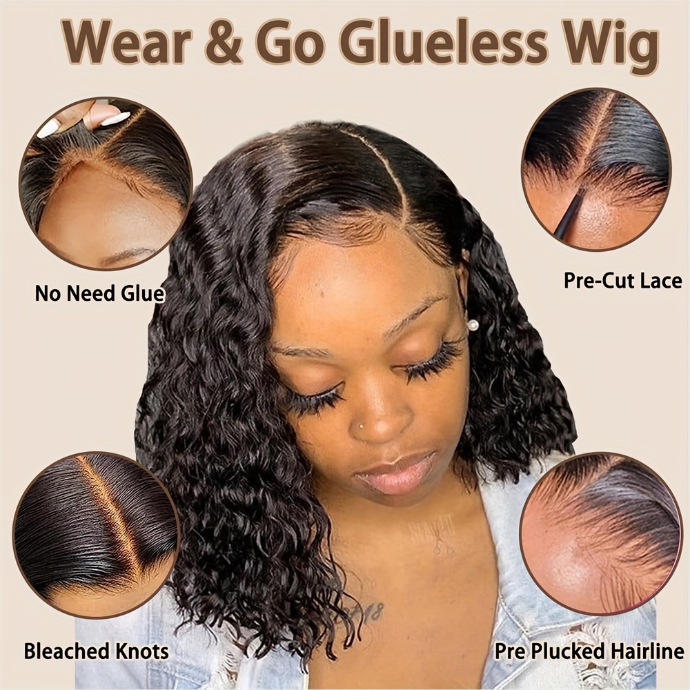  glueless bob wig for women water wave human hair with transparent lace closure natural black 150 density details 2