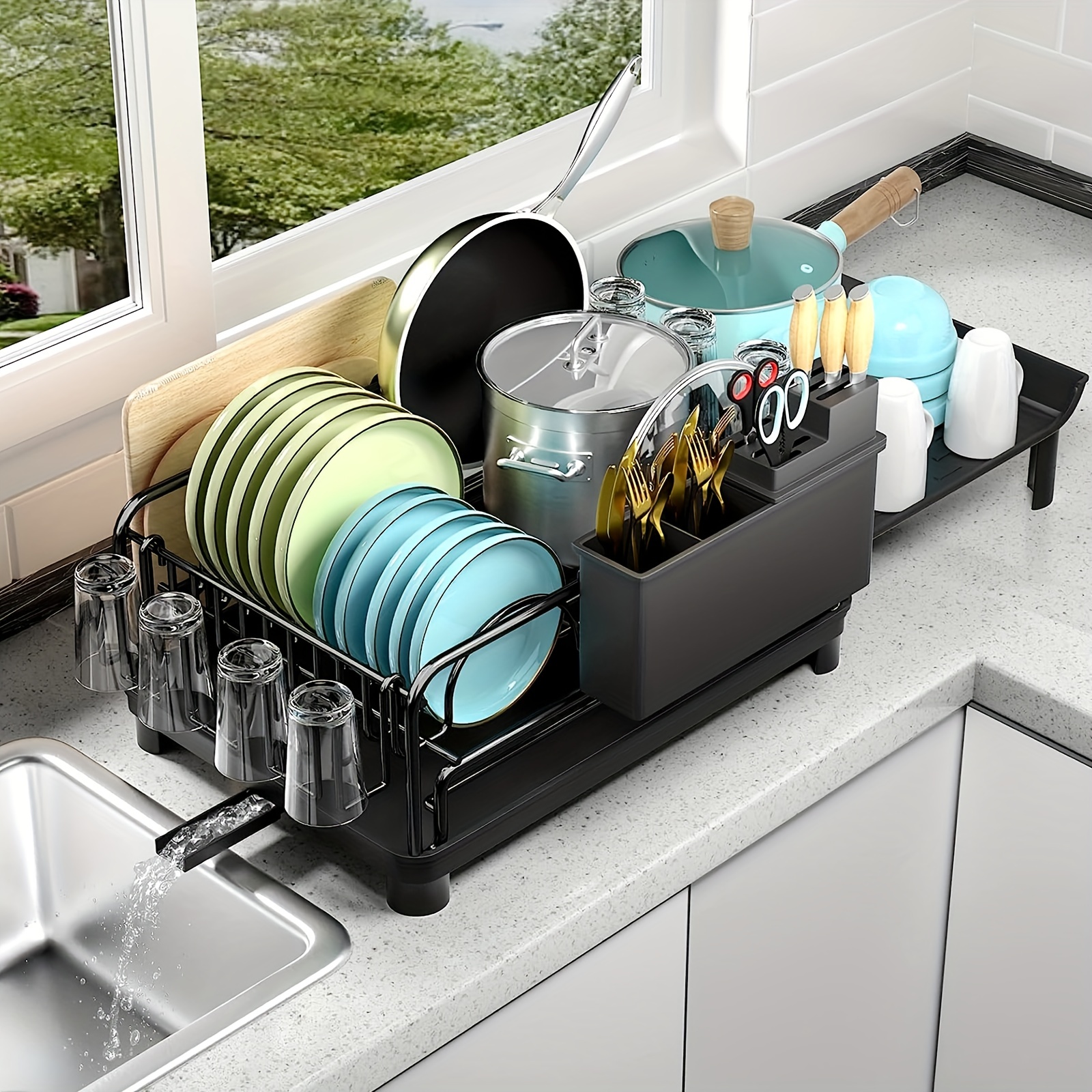1pc Multifunctional Extendable Dish Rack with Cutlery & Cup Holders -  Anti-Rust Drying Dish Rack for Kitchen Counter - Includes Bowl Holder,  Drain Boa