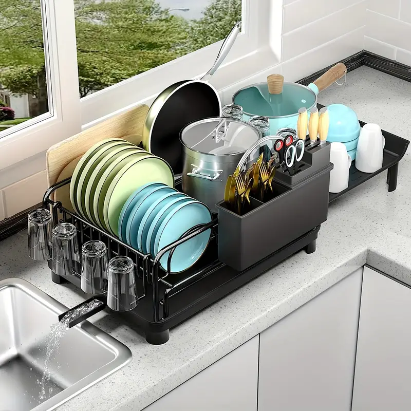 Multifunctional Extendable Dish Rack With Cutlery & Cup Holders - Anti-rust  Drying Dish Rack For Kitchen Counter - Includes Bowl Holder, Drain Board,  And Cutlery Rack - Essential Home Kitchen Accessories - Temu