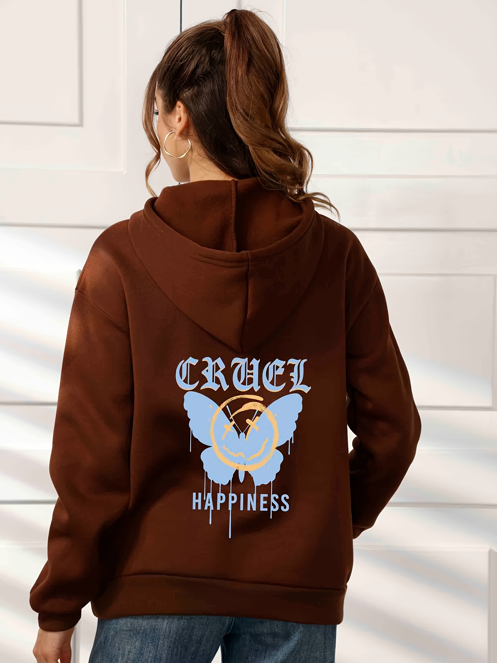 Temu Butterfly Floral Print Hooded Pocket Drawstring Sweatshirt, Women's Kangaroo Pocket Hoodie, Pullover Casual Long Sleeve Women's Clothing Sweatshirt