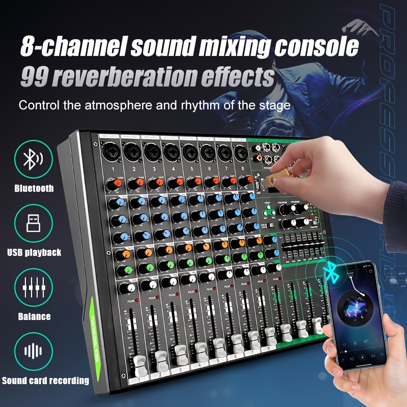 MIX8 Professional 8-channel Mixer Sound Card Control Console Desktop System  Interface 8-channel Digital USB MP3 Computer Input 48V Phantom Power Built