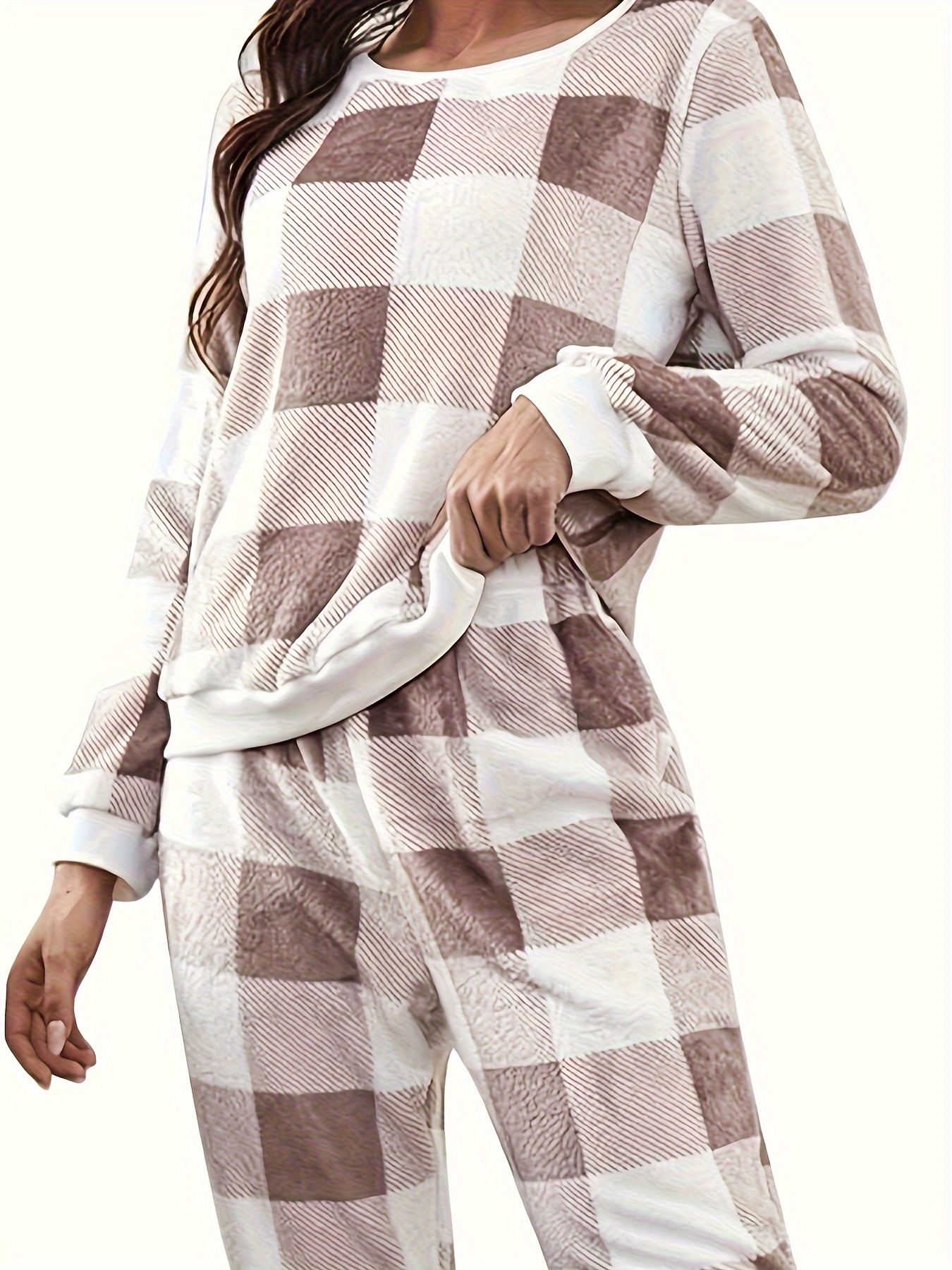 Eyelash Pattern Flannel Pajamas Set Long Sleeve Tops Pants - Temu