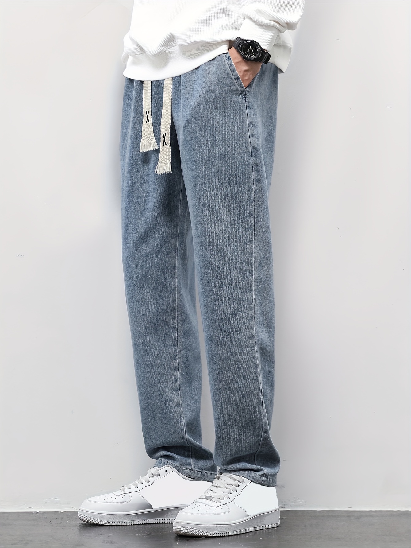 KRIADO Jeans a Gamba Dritta da Uomo Moda Cuciture a Fessura Tendenza per Il  Tempo Libero Lavato Bello Streetwear Pantaloni Larghi in Denim M 