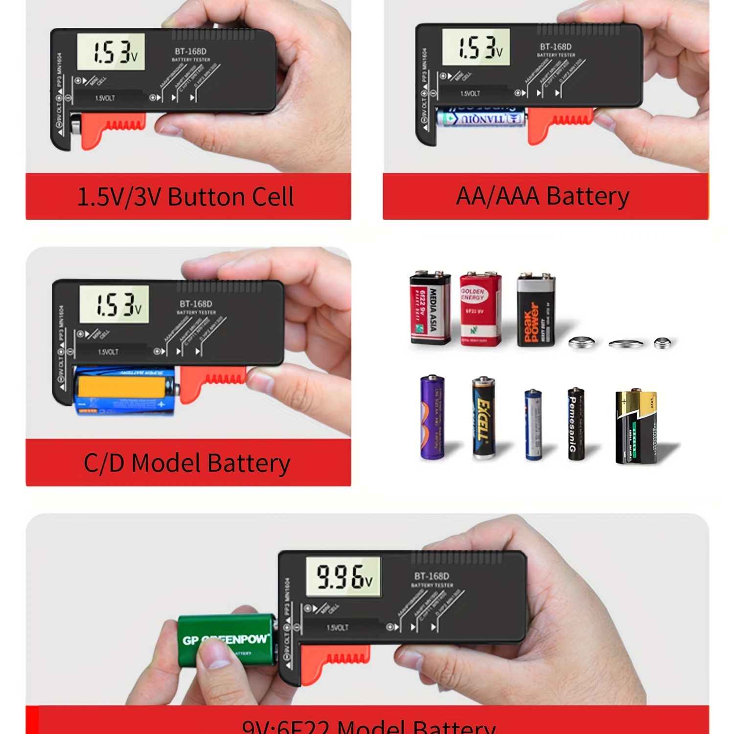 Comprobador de Batería Digital, LCD BT‑168PRO Comprobador de Carga de  Batería para Pilas de Botón Pequeñas : : Herramientas y  Mejoras del Hogar