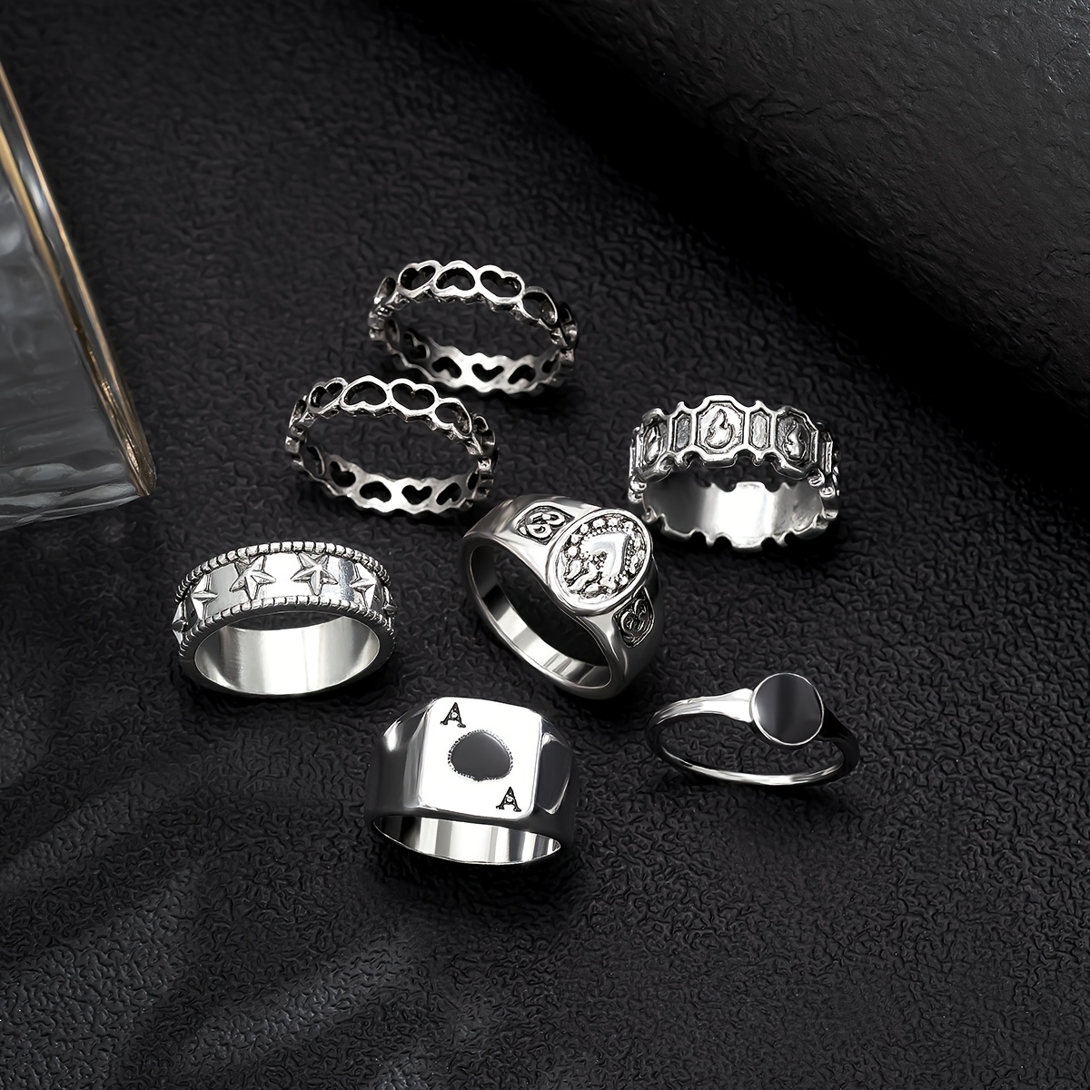 7 Piece Men Retro Hollow Love Element Charm Ring Set
