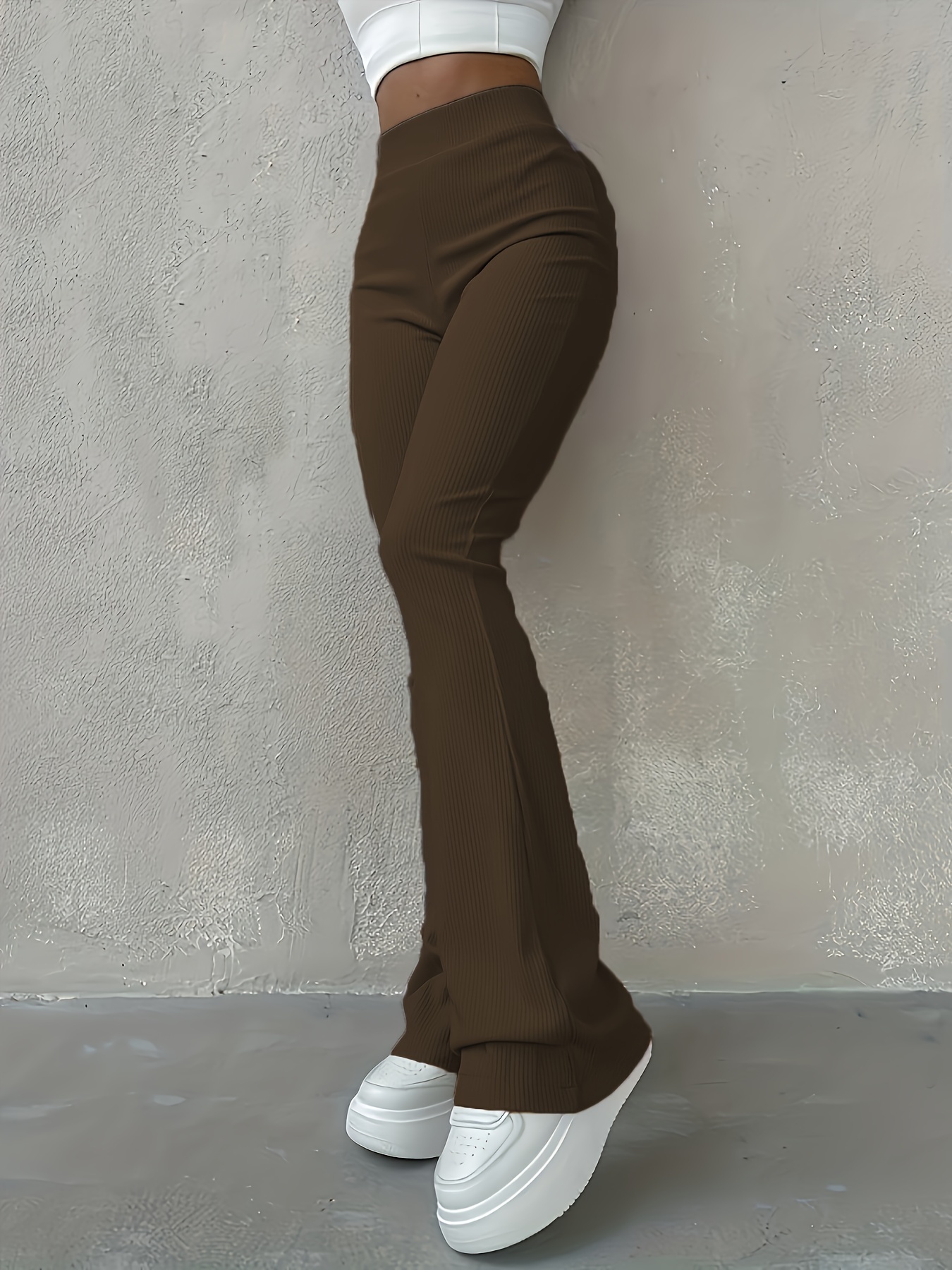Brown Ribbed Knit High Rise Flare Leggings – Trendy Doll