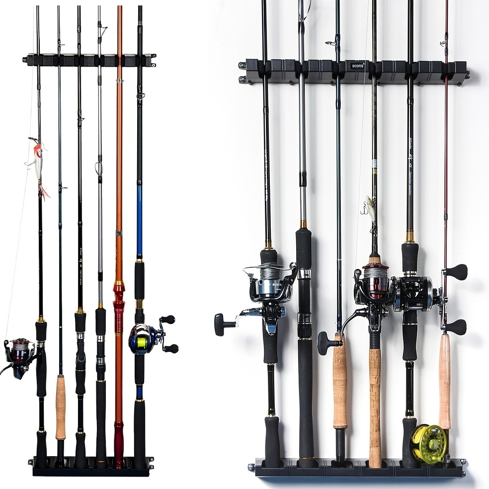 6-Rod Vertical Fishing Rod Rack - Wall Mounted, Storage Stand Bracket, and  Fishing Pole Holder Clips
