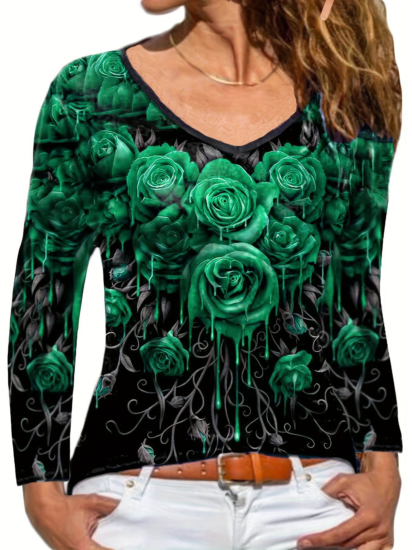 Camisetas de moda 2023 para mujer, estampado floral, cuello en U, camisetas  de manga larga, holgadas, ajustadas para primavera y otoño