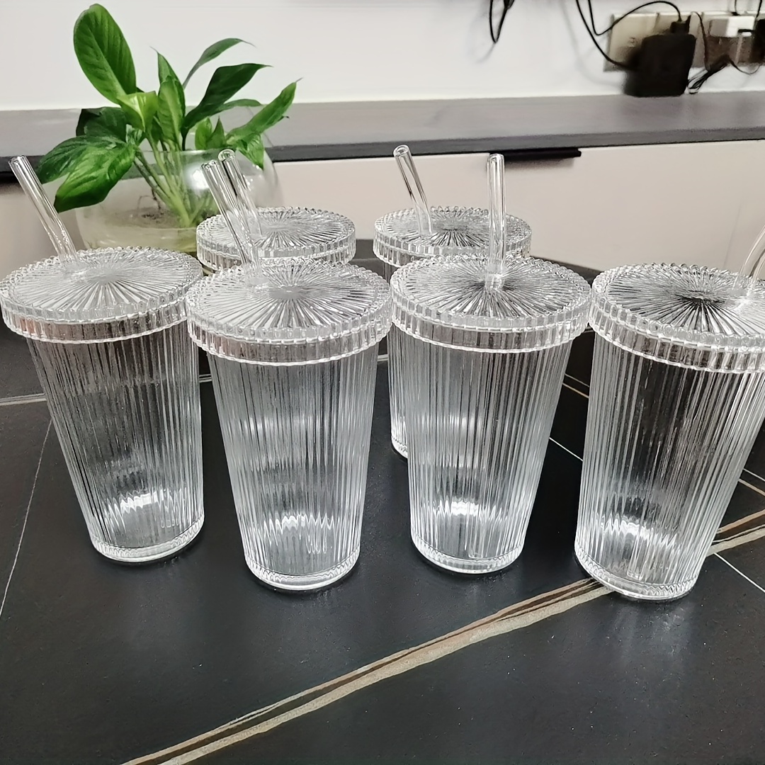 Ribbed Glass Tumbler With Lid And Straw Origami Style - Temu