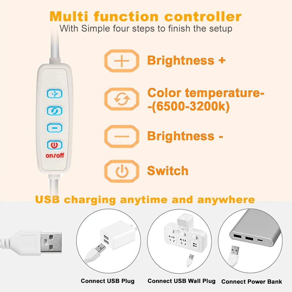 Vanity Mirror LED Light - Dimmable, 4 Lighting Colors, 5 Brightness Levels,  Stick-On Bulbs, USB Connection, Retractable Wire for Easy Installation.