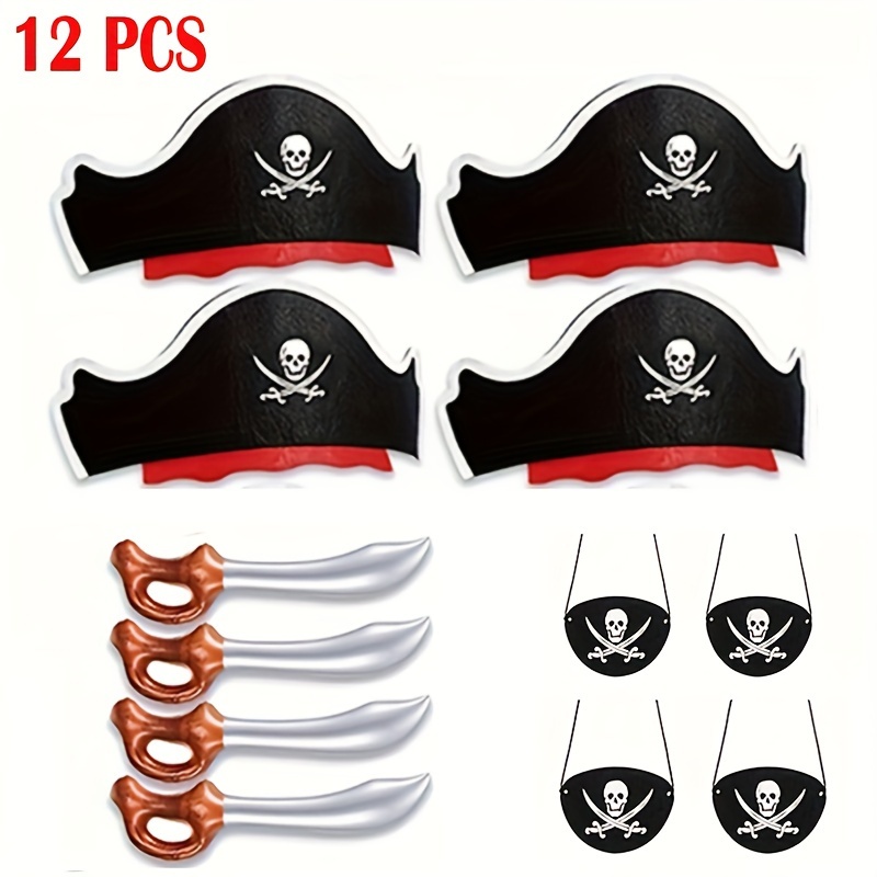 

12pcs, Pirate Accessories, Pirate Hat Classic Costume Cap Eye Mask Inflatable Sword Pirate For Pirate Party Cosplay Caribbean Masquerade Dress Up Carnival Supplies