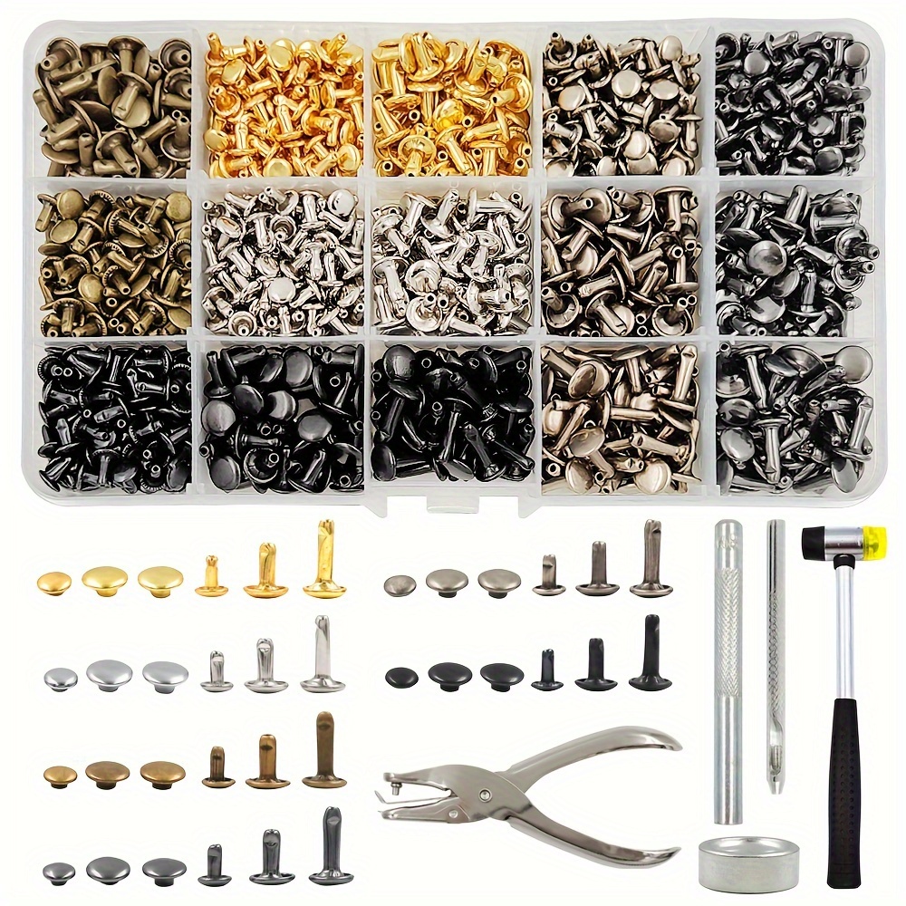

1set 120pcs/240pcs/360pcs/480pcs Metal Double Cap Rivets Stud Round Nail Spike With Hole Punching Pliers Tool Kits For Diy Artificial Leather Craft Repair Shoes Bag Belt Clothing Garment Accessories