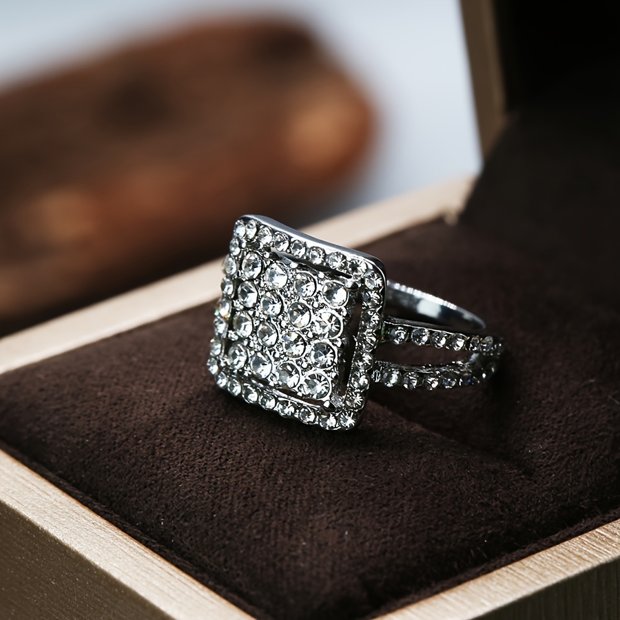 Elegant Promise Ring Square Design Paved Full Of Shining Stone