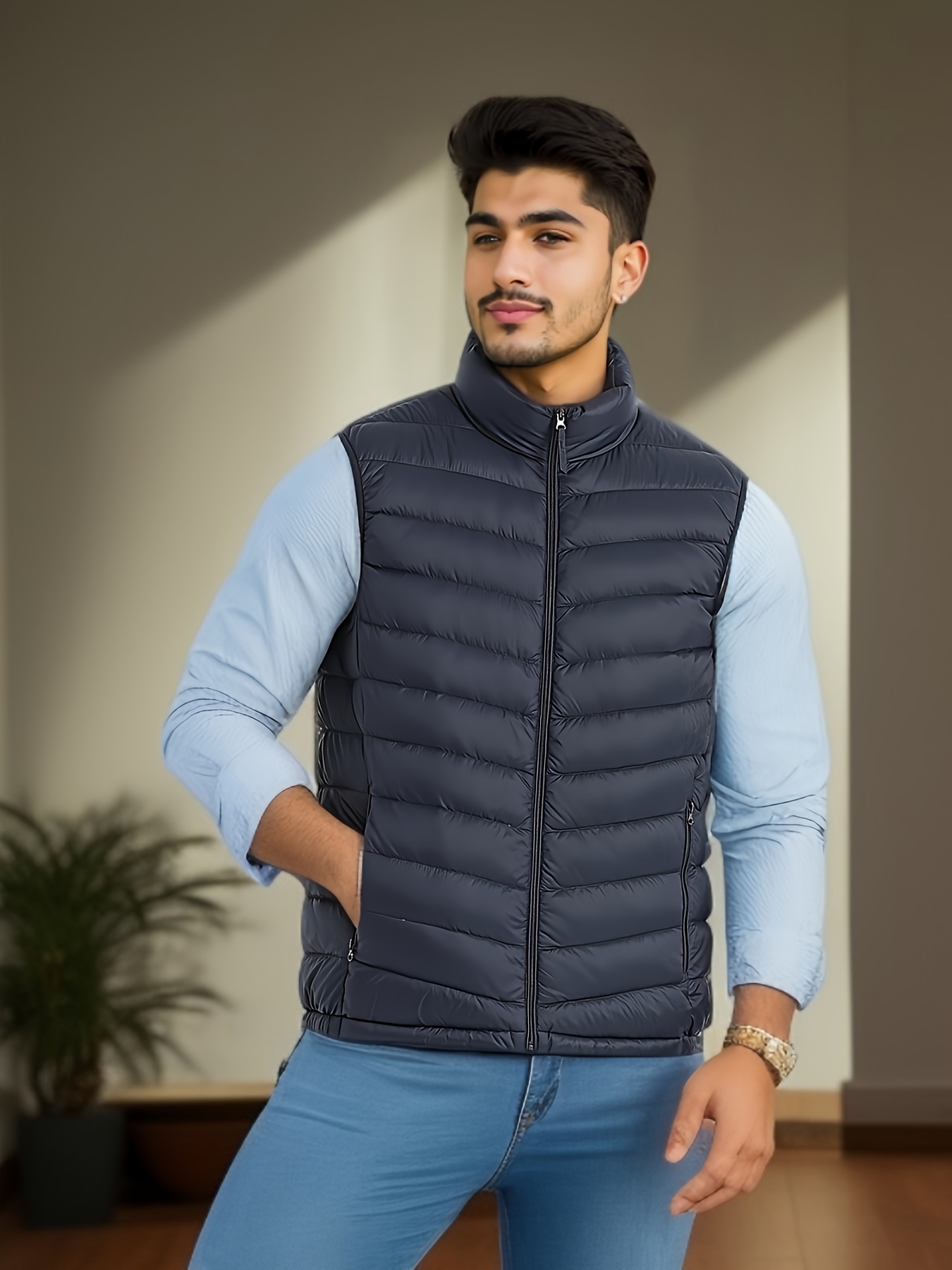 Men's Casual Fleece Lined Vest Chic Stand Collar Warm Vest - Temu Kuwait