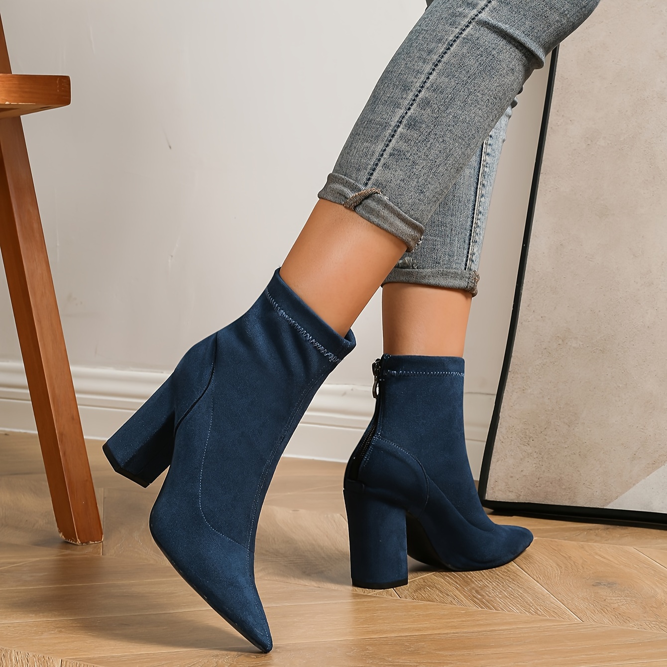 Women s Block Heeled Short Boots Pointed Toe Back Zipper Temu Canada