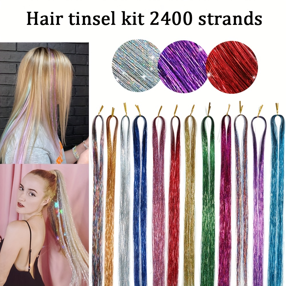 12 Colors Hair Tinsel Kit 2400 Strands Tinsel Hair - Temu