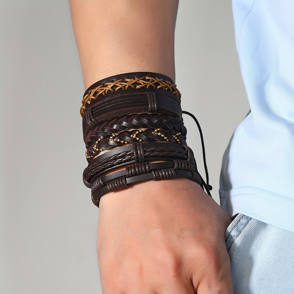 12pcs/set Braided PU Leather Bracelets for Men Women Woven Cuff Wrap Bracelet Ethnic Tribal Bracelets Adjustable,Temu