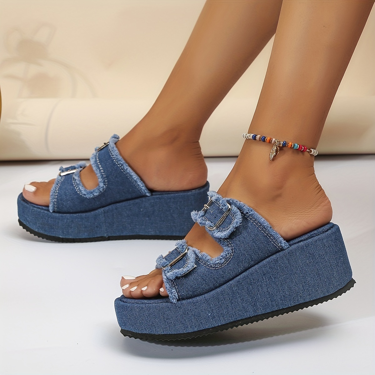 

Women's Denim Platform Sandals, Square Open Toe Buckle Strap Slide Shoes, Fashion Outdoor Slides