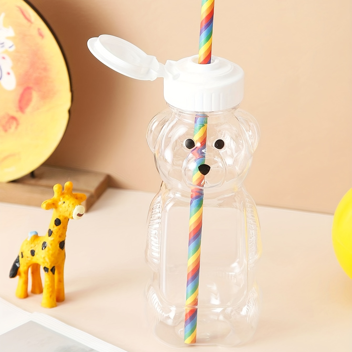 1pc Glass Water Bottle, Modern Cartoon Bear Pattern Drinking Bottle With  Straw For Home And Office