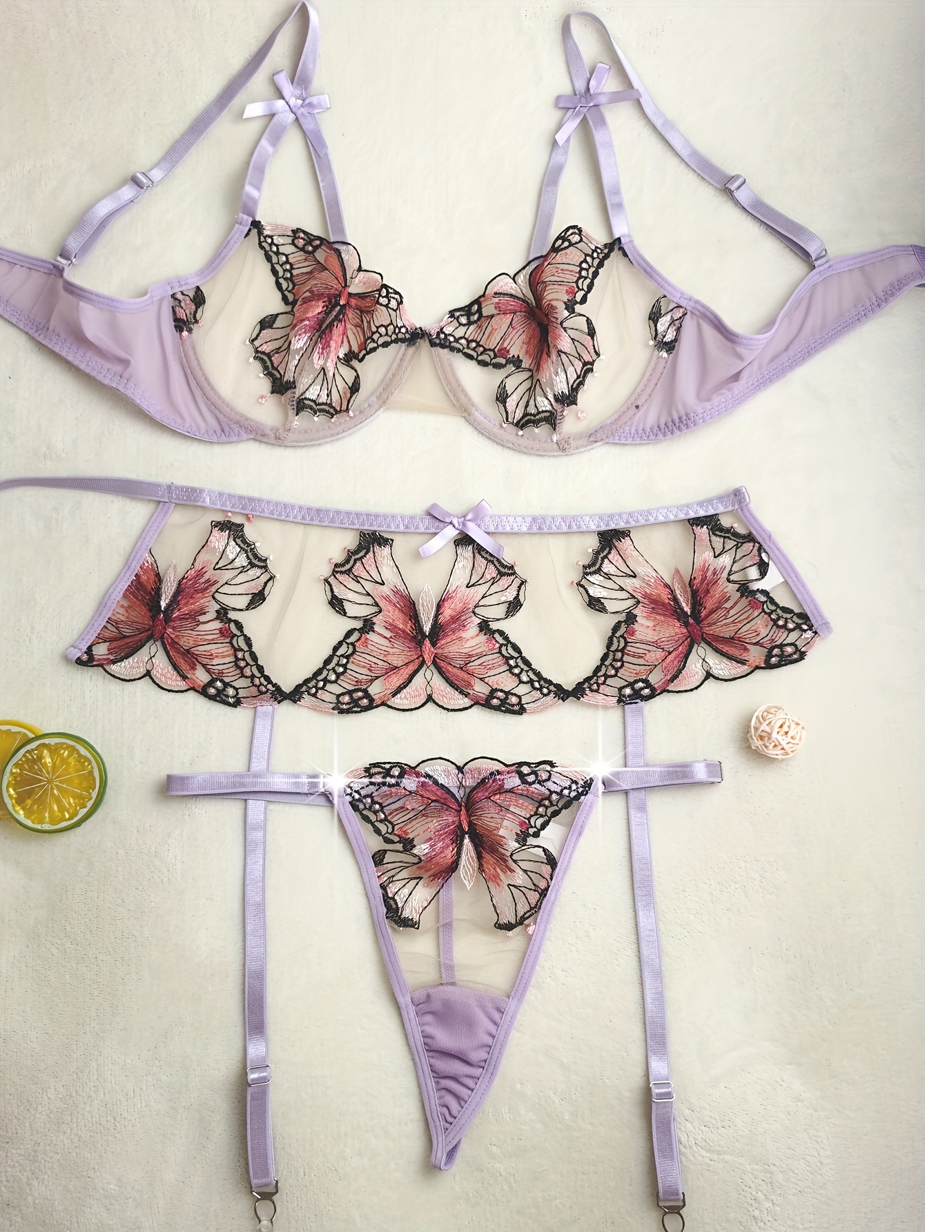Sexy Butterfly Embroidery Lingerie Set Mesh Unlined Bra - Temu Canada