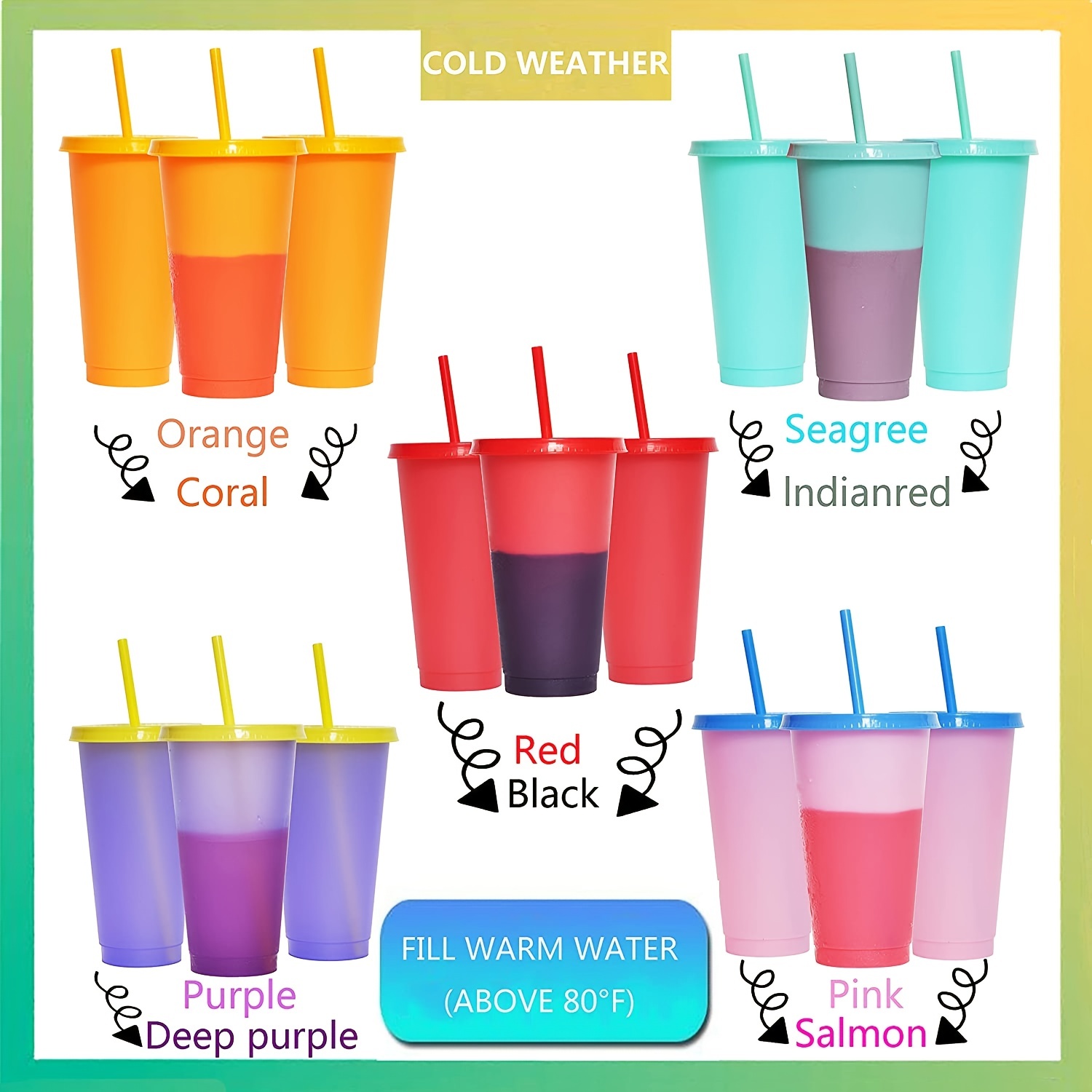 5pack Color Changing Plastic Cups With Lids And Straws, Reusable