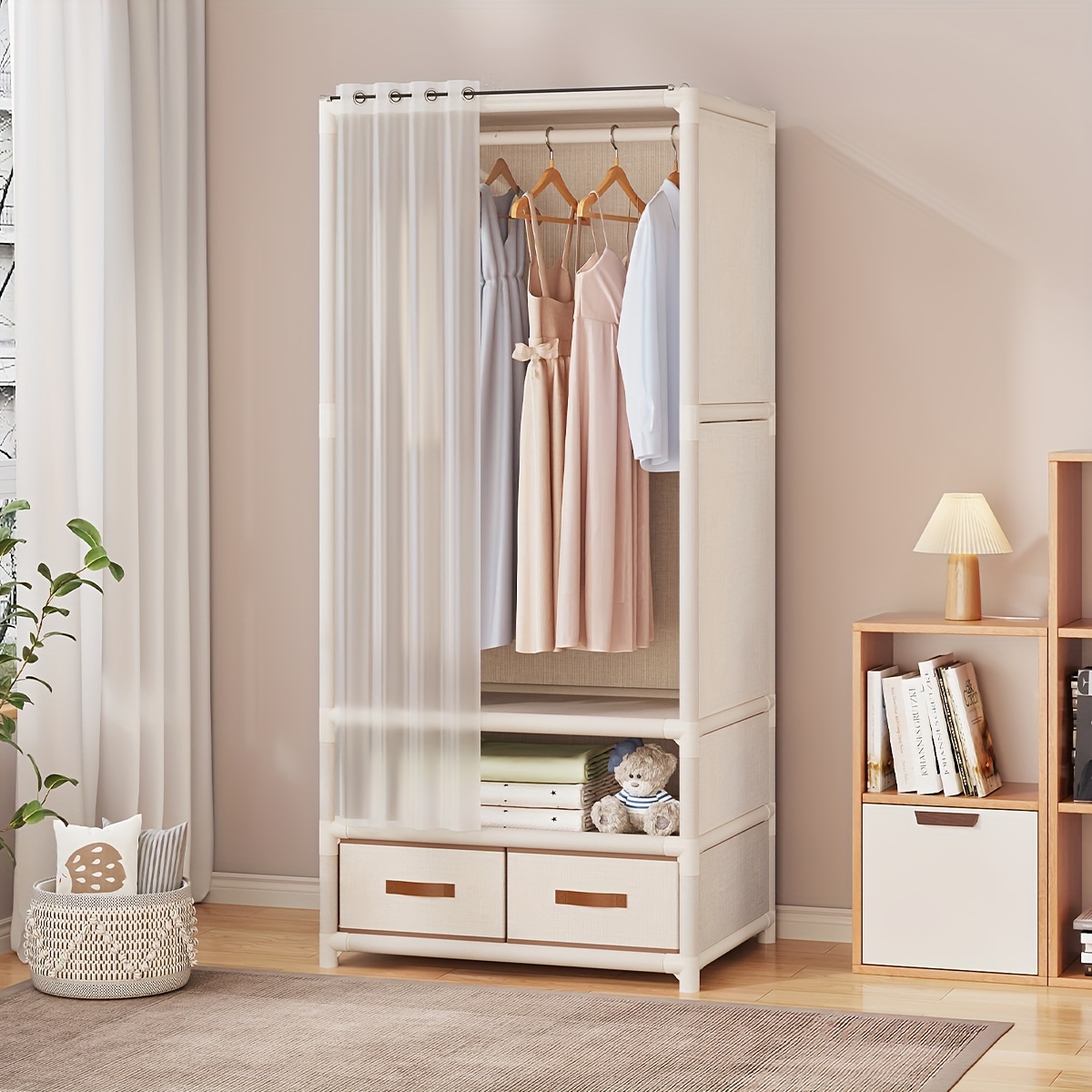 Simple Clothes Storage Wardrobe With Drawer And Dust - Temu
