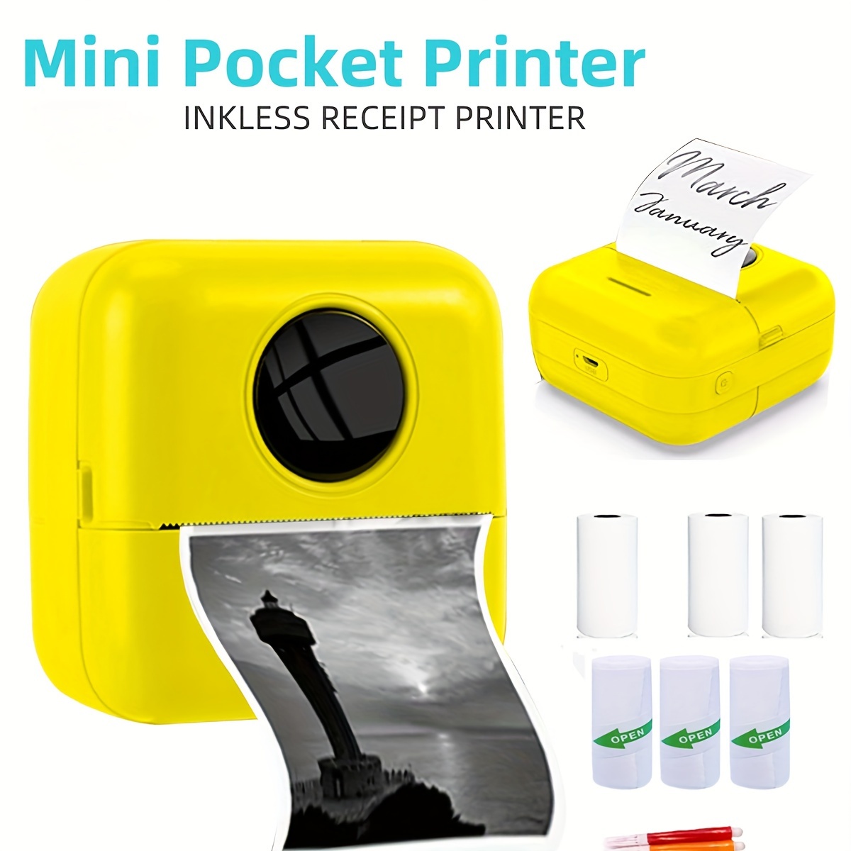 Mini Imprimante Photo Portable, HD Pocket Imprimantes Thermique sans Fil BT,  Photo Instantanée Image Etiquette Mémo Reçus, avec 13 Rouleaux de Papier,  Prise en Charge de Telephone Android iOS (blanc) : 