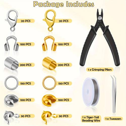 1200pcs crimp beads kit for jewelry making crimp beads covers tubes and wire lobster clasps jump rings crimping pliers and beading wire
