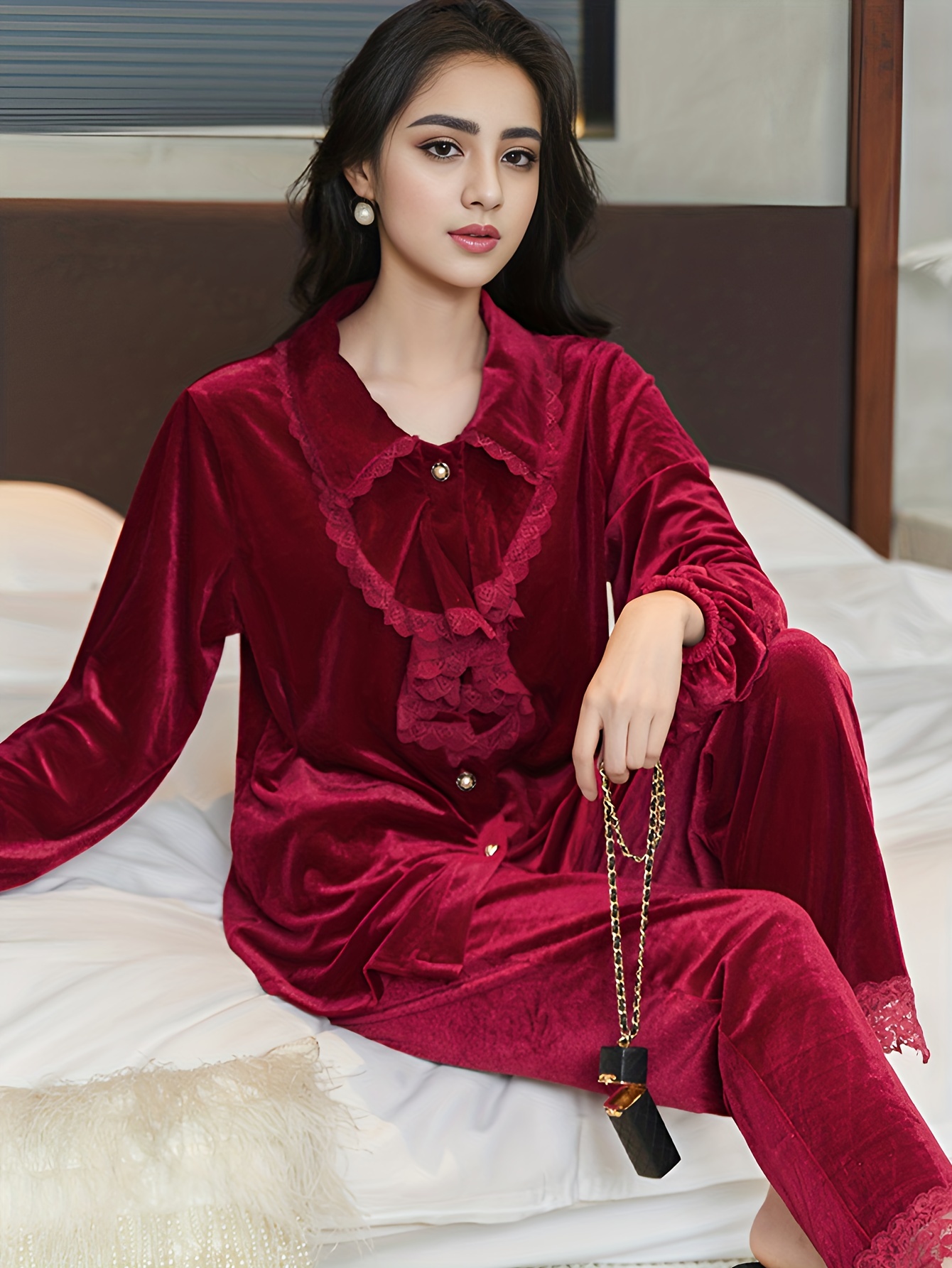 Contrast Lace Velvet Pajama Set Long Sleeve V Neck Top - Temu