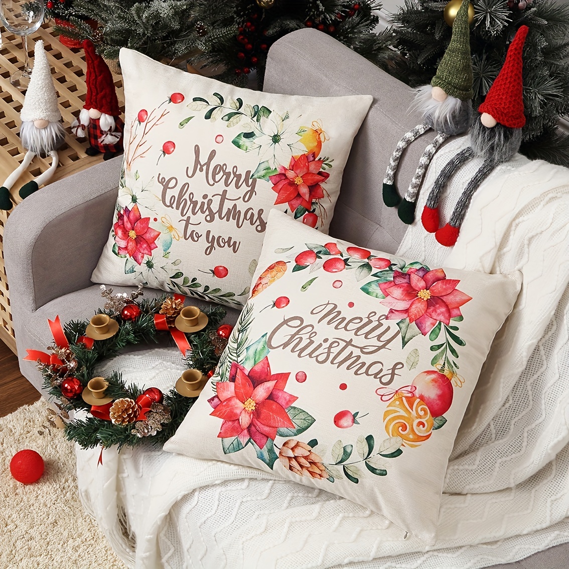 Christmas Linen Blend Throw Pillow Covers Merry Christmas - Temu