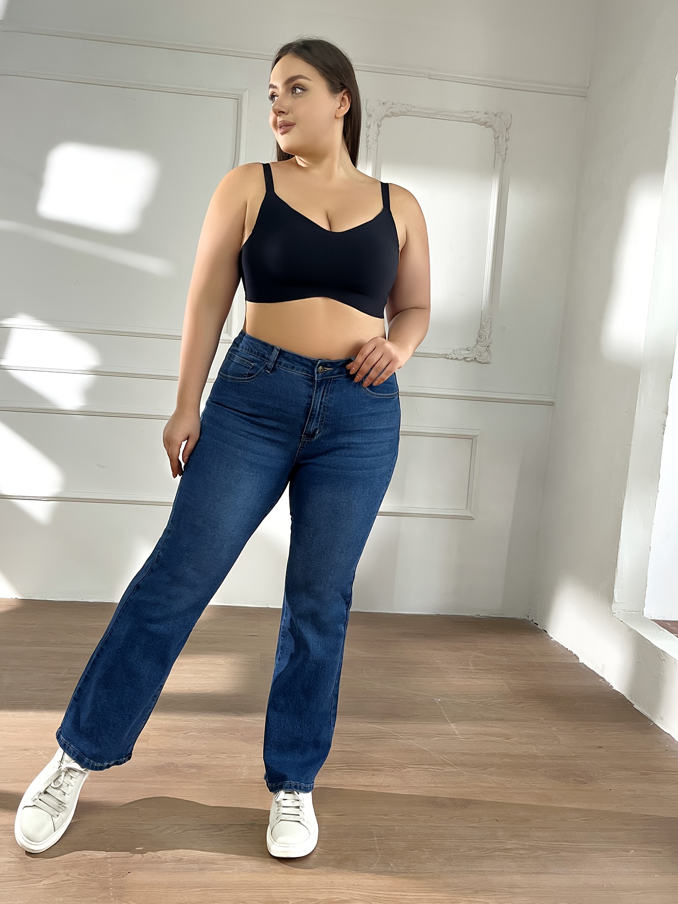 Women's Basic Jeans Plus Size High Plain Washed Blue - Temu