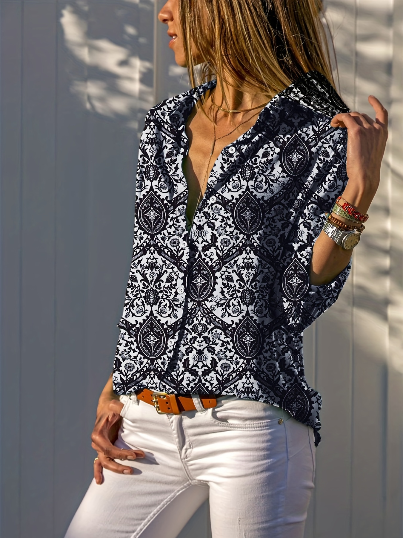 Women's Top - Boho Black Long Sleeve Tie Front Blouse