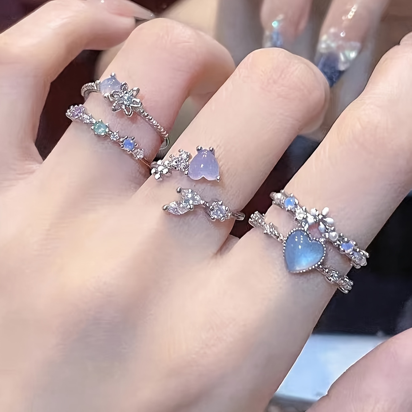 

3pcs Y2k Style Stacking Rings Waterish Heart/ Flower Design Mix And Match For Daily Outfits Party Accessories Sweet Gift For Her