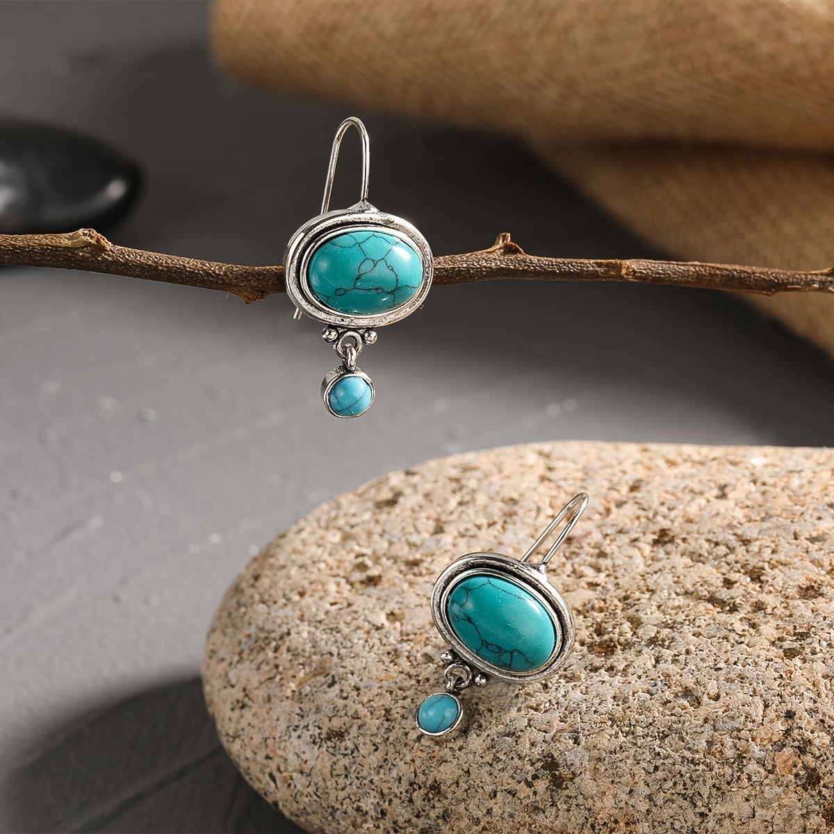 Vintage Boho Turquoise Dangle Earrings, Birthstone Style