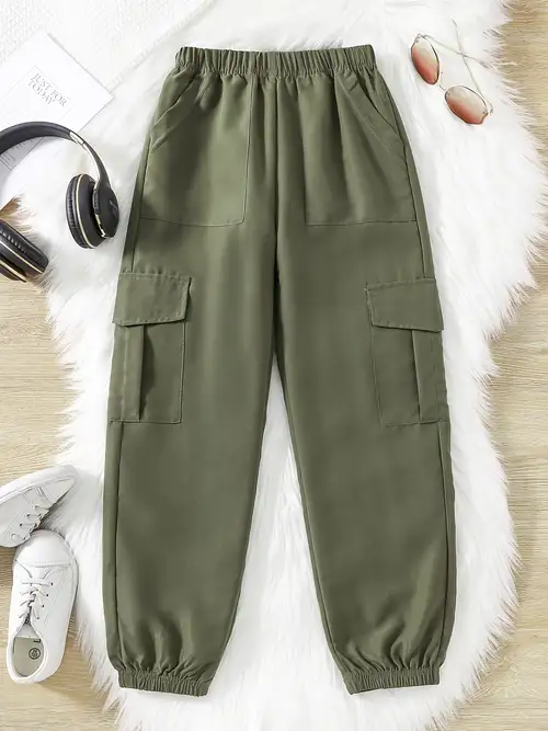 Girl Solid Trendy Side Pockets Cargo Pants Kids Comfy - Temu Canada